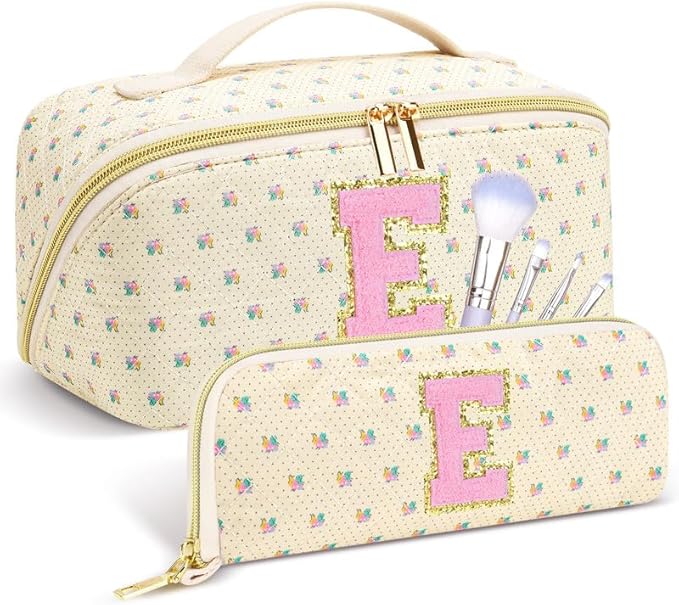 Personalized Travel Makeup Bag Set, Initial Travel Cute Floral Makeup Organizer Bag, Beige Toiletry Skincare Cosmetic Bag, Valentine’s Day Gifts for Women/Girls, Open Flat Toiletry Pouch Brush Bag