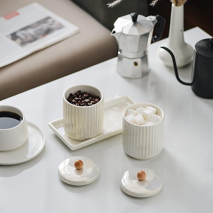 Redelaenor Ceramic Bathroom Canister Set with Coordinating Small Vanity Tray Qtip Holder Dispenser for Cotton Ball,Swab,Pads, Floss, Bathroom Storage Jars with Lids Pearl White