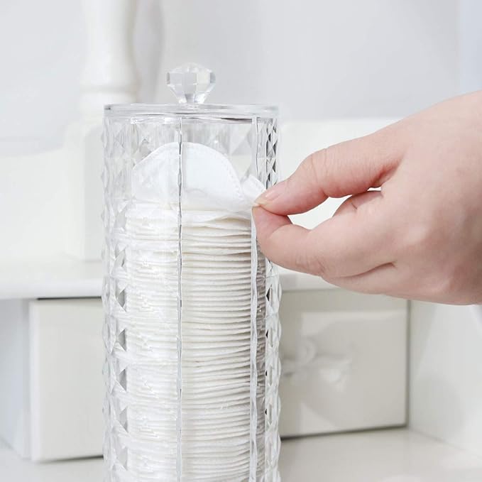 Acrylic Makeup Cotton Round Holder, Luxspire Clear Diamond Pattern Cotton Pads Organizer Container Display Stand Cosmetic Makeup Storage Box with Lid - Clear