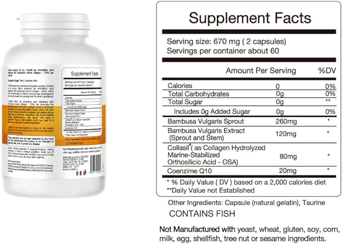 Colasil Collagen Booster Capsules – Organic Silica (OSA) + Hydrolyzed Collagen Generator Supplement for Hair, Skin, Nails, Bones & Joints – High Absorption, Non-GMO, Allergen-Free, 120 Capsules