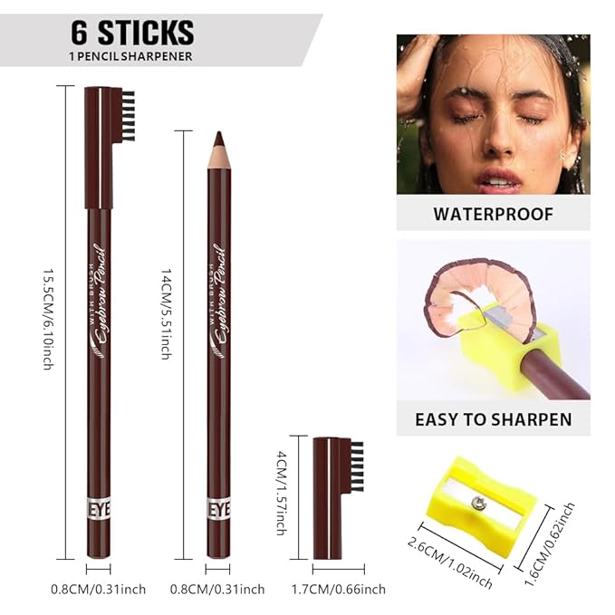 Eyebrow Pencils for Women with Sharpener, 6Pcs Hard-Core Wooden Eye Brow Eye Liner Pencils for Beginner Makeup, Waterproof & Sweat-Proof (6Pcs-Brown)