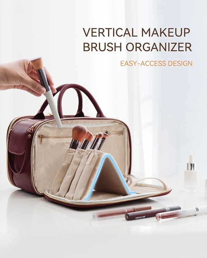Prite Travel Makeup Bag Women’s Large Capacity Waterproof Cosmetic Organizer Portable Open Flat Toiletry Case with Free-standing Brush Holder and Handle(Burgundy Large)