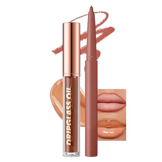 Jutqut Brown Lip Liner and Gloss Lip Kit, Waterproof Long-Lasting Combo Set with Matte Lip Liner Pencil and Non-Sticky Pluming Tinted Gloss, Highly Pigmented Lipliner Set for Women (06 Brown)