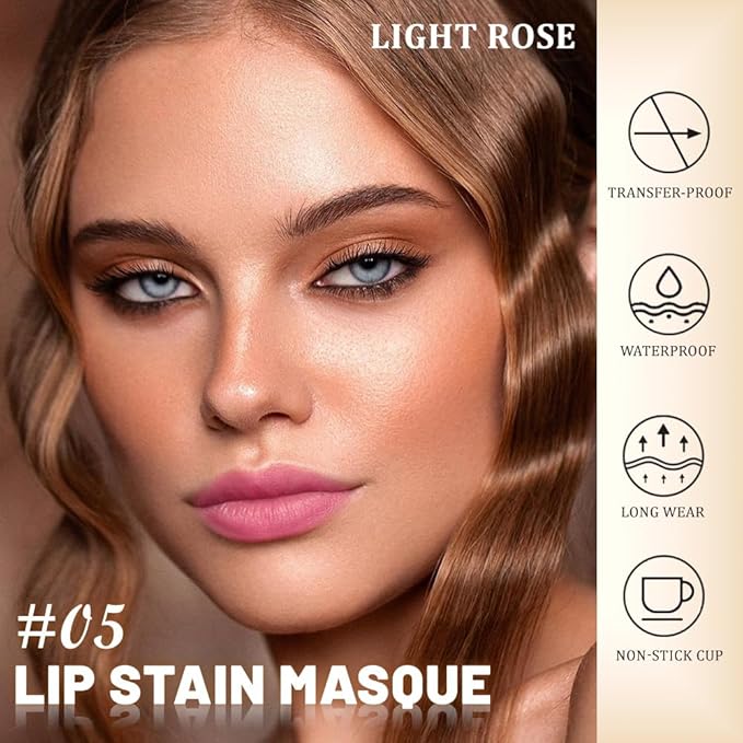JUAAZIN Peel Off Lip Stain Tattoo with Tweezer - Light Rose Matte Lip Tint, Long Lasting Waterproof Transfer-Proof Lip Stain, Cruelty-Free Lip Masque for All Skin Types, Valentine's Day Gift 05#