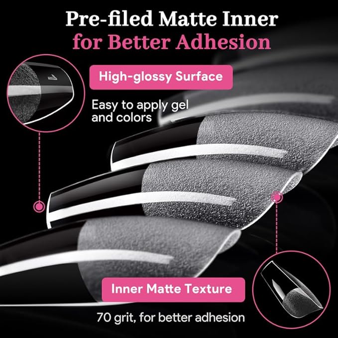 Qiek Medium Coffin Fake Nail Tips, 15 Sizes 240 PCS Clear Half Matte Press On False Nail Tips Pre-shaped Half Soft Cover Gel Nail Tips Extensions Thick Long Lasting for DIY Beginners & Salon Manicure