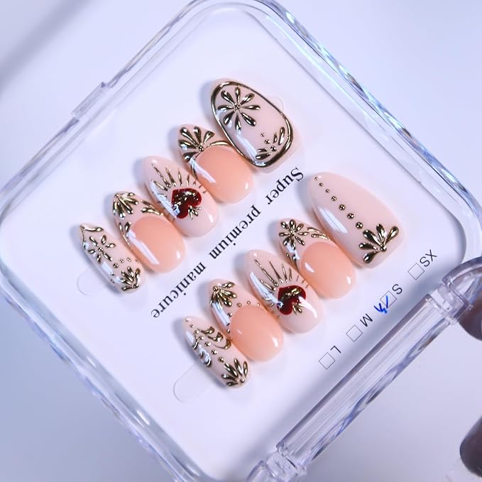 MAGLFELL Press On Nails - Short Almond Handmade Unique Fake Nails, Artistic Design, Thick Acrylic and Muti-Layer Gel False Nails, Reusable Gel durable Oval 3D Fake Nails (Size M)