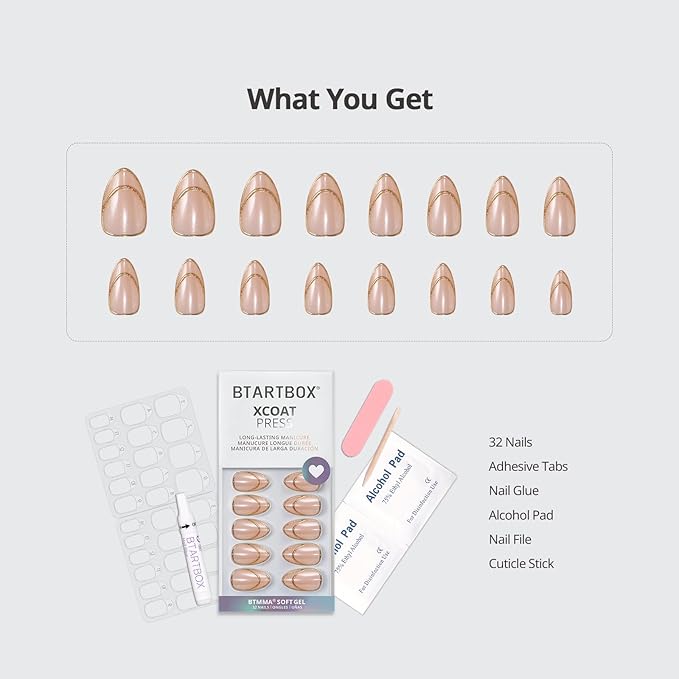 BTArtbox French Tip Press On Nails - Double Gold, Lamp-Curable 3D Gold Line Short Almond Press On Nails with Glue and Adhesive Tabs for Women in 16 Sizes - 32 Soft Gel Glue On Nails Kit