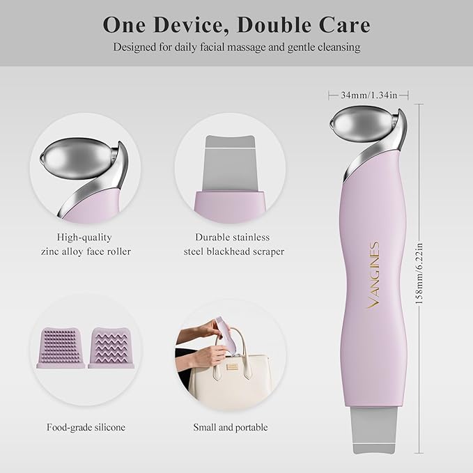 Vangines Blackhead Scraper Tool & Skin Scrubber Face Spatula for Blackhead Removal, Pore Cleaning, with Cooling Ice Roller & 2 Silicone Brush Heads (Berry Mauve)