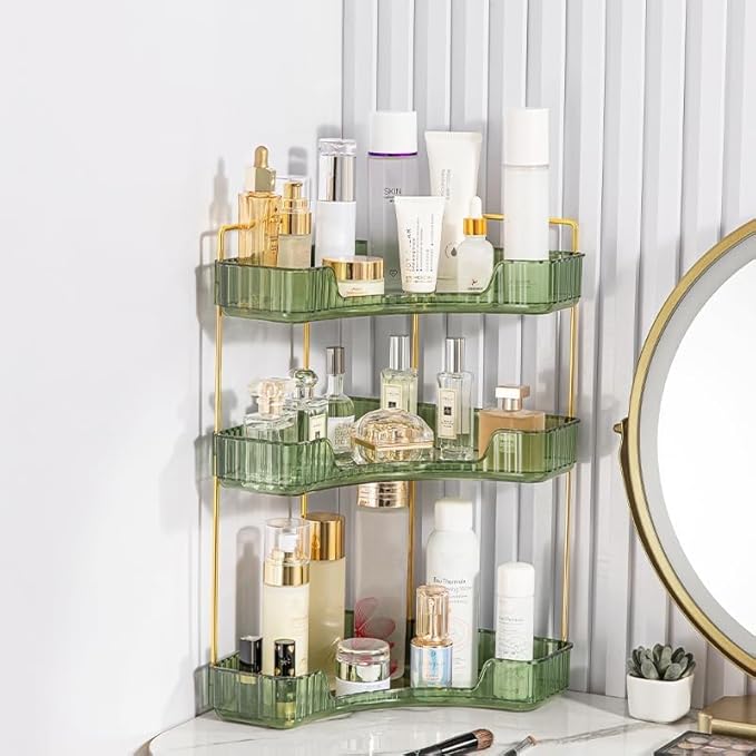 Corner Bathroom Counter Organizer, Vanity Trays, Skincare Makeup Organizer, Bathroom Counter Shelf (3 Tiers, Green)