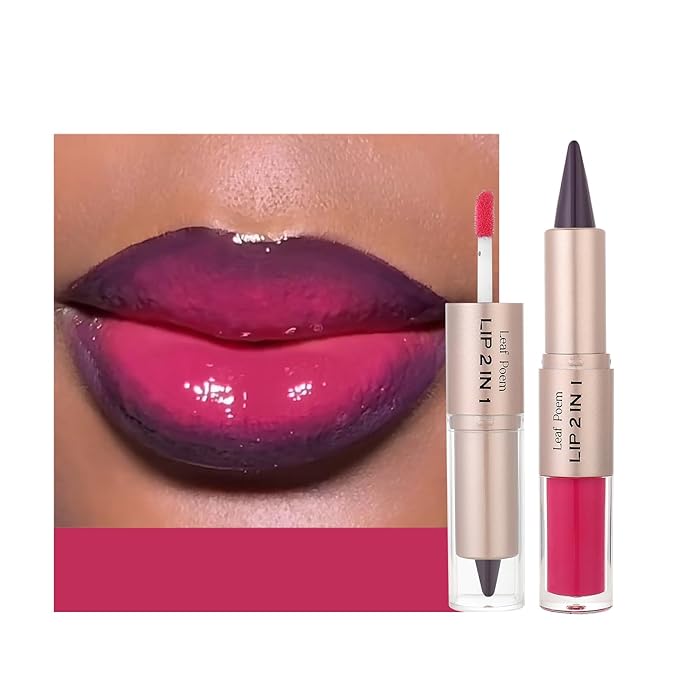BAISEN DIARY 2-in-1 Double-Ended Matte Lip Liner & Lip Gloss Duo, Plum Berry Ombre Lip Combo Pencil, Lip Liner and Lipstick Gloss Set for Defined & Fuller Looking Lips (#08 Plum Berry Ombre)