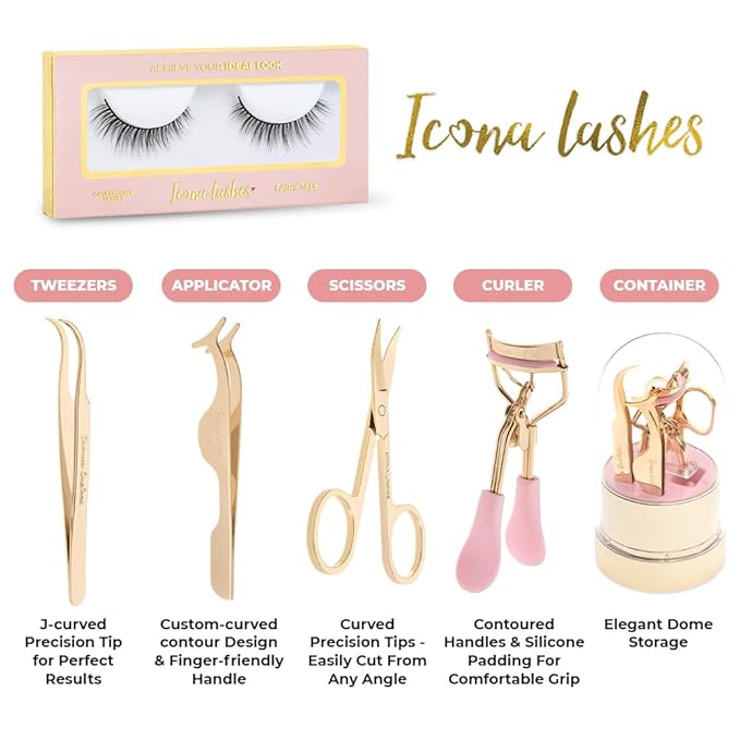 Icona Lashes 4-in-1 False Eyelash Tool Kit - DIY Lash Extension Kit with Tweezer, Curler, Scissors, Applicator - 24K Gold Plated Stainless Steel Accessories in Clear Dome Organizer, Beautiful Gift Box