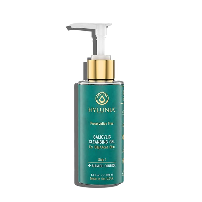 Hylunia Skincare Salicylic Facial Cleansing Gel – Deep Pore Cleanser for Oily & Acne-Prone Skin, Exfoliates, Minimizes Blackheads & Breakouts, Hydrates, Brightens Complexion, 5.1 fl. oz.
