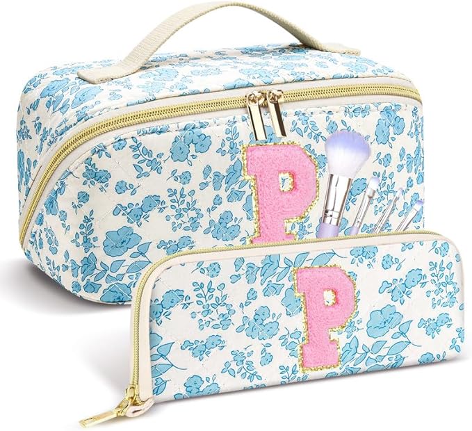 Personalized Travel Makeup Bag Set,Initial Travel Cute Floral Makeup Organizer Bag,Toiletry Skincare Cosmetic Bag, Valentine’s Day Gifts for Women/Girls,Open Flat Toiletry Pouch with Brush Pocket-S