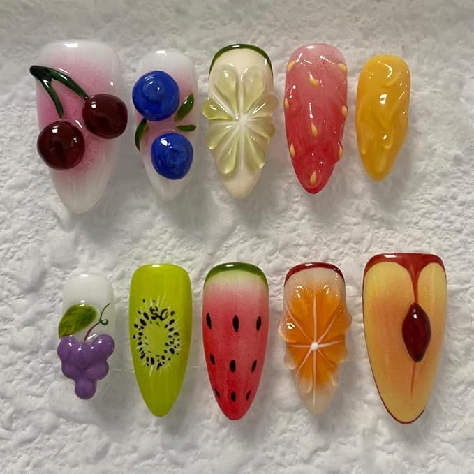 MAGLFELL Press On Nails - Medium Length Almond Handmade Unique Fake Nails, Artistic Design, Thick Acrylic and Muti-Layer Gel False Nails (Size S)