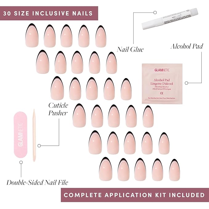 Glamnetic x GLAMZILLA Press On Nails - NO IN BETWEEN | Short Almond Fake Nails, Black & White Micro French Tips, Salon Quality, Everyday | 15 Sizes - 30 Nail Kit with Glue