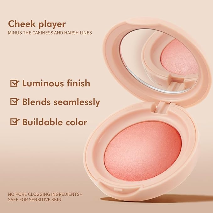 XngQuJoy Baked Highlighting Blush, Soft Pinch Glitter Powder Blush, Natural Finish, Buildable Color, Long Lasting Complexion, Shape, Contour & Highlight for All Skin Tones (F)