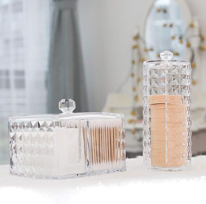 Acrylic Makeup Cotton Round Holder, Luxspire Clear Diamond Pattern Cotton Pads Organizer Container Display Stand Cosmetic Makeup Storage Box with Lid - Clear