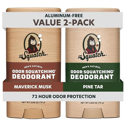 Dr. Squatch Natural Men’s Deodorant – Aluminum Free Natural Deodorant Men with Charcoal & Postbiotics for 72-Hour Odor Protection – Maverick Musk + Pine Tar, 2.65oz Stick (2-Pack)