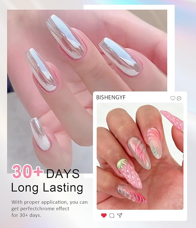 Pearl Chrome Nail Powder BISHENGYF -【Fairy Effect】Pink Chrome Nail Powder White Pearlesent Aurora Mermaid Iridescent Nail Chrome Powder, Metallic Mirror Glitter Pigment Dust For Nail Art DIY 2PCS
