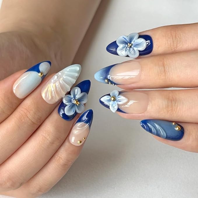 Press On Nails - Medium Almond Handmade Unique Fake Nails, Cute Bow Nails, Thick Acrylic and Muti-Layer Gel False Nails, Reusable Gel Cured Sturdier 3D Fake Nails,DIY Art Decorate (Size S)