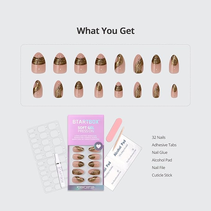 BTArtbox Press On Nails Short - Gold Rush, 3D Sculpting Metallic Almond Press On Nails with Glue and Adhesive Tabs for Women in 16 Sizes - 32 Soft Gel Glue On Nails Kit