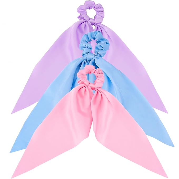 YALOJE 3PCS Scarf Scrunchies with Long Tails, Elastic Silky Satin Bow Hair Ties for Women, Ribbon Hair Scarf Scrunchy, Ponytail Holders Hair Decoration for Women -Pink, Blue, Purple