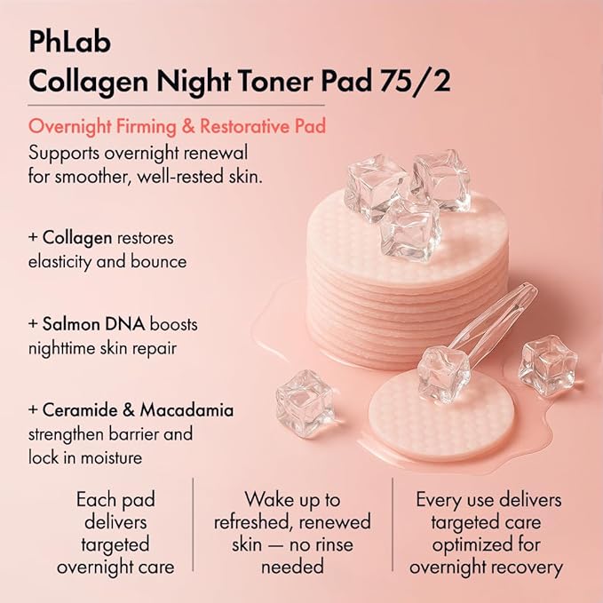 pH Lab Collagen Night Toner Pad, Gentle Face Pads for Glowy & Smooth Skin with Salmon DNA, 60 Pads