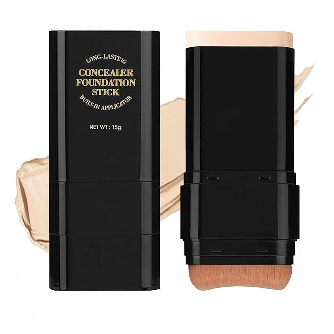 Dual-Ended Foundation & Concealer Stick with Built-in Brush, Long-Wear Matte Korean Full-Coverage Makeup, Waterproof Hydrating Contour for All Skin Tones (01#IVORY)