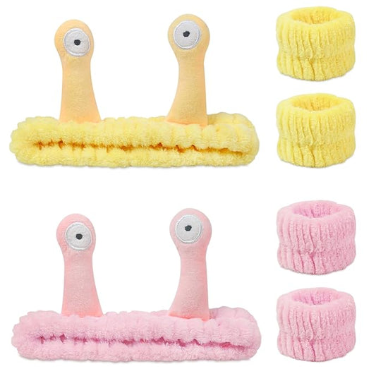 Snail Face Wash Headband Skincare & Wrist Bands for Washing Face Set Cute Spa Headband for Women and Wrist Faces Wash Bands for Shower, Facial Cleaning, Soft Coral Fleece Makeup Headbands,Yellow＆Pink