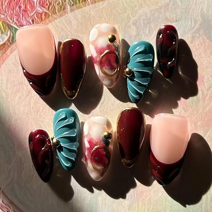 MAGLFELL Press On Nails - Handmade Medium Length Almond Fake Nails, Brown Rendering Painting Design, Reusable Artificial Almond False Nails for Women 10 Pcs Acrylic Nails Kit (Size L)