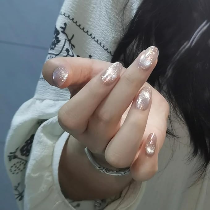 Cat Eye Press on Nails Handmade Short Oval/Square/Round False Nails with French Tip/Aurora/Magnetic Shimmer Designs (Glitter#Oval It Girl S)