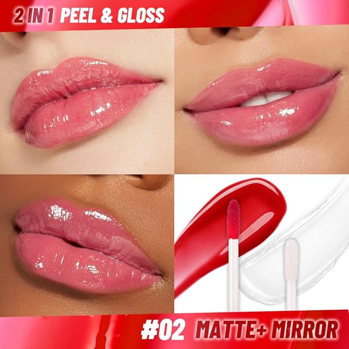 JUAAZIN Dewy Rose Lip Stain Peel Off Lip liner and Lip oil with Tweezer, Dual-Ended Peel Off Lip Stain Tattoo, Highly Pigmented Long Lasting Waterproof, Transfer-proof for All Skin Types, 02#