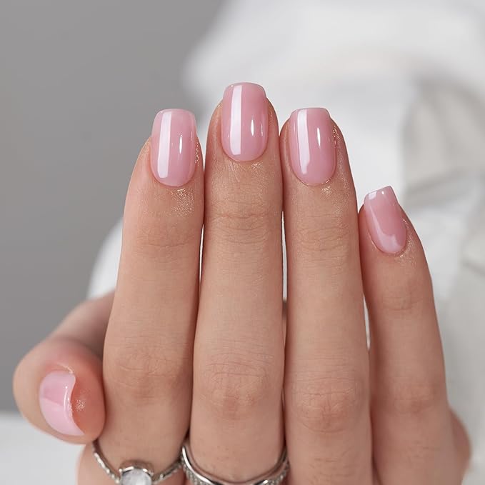 BTArtbox Press On Nails Short - Square Press On Nail, Pink Chrome Nail Tips Glue On Nails with Nail Glue, Reusable Stick On Nails in 15 Sizes - 30 Soft Gel Fake Nails Kit, Lotus Glazed