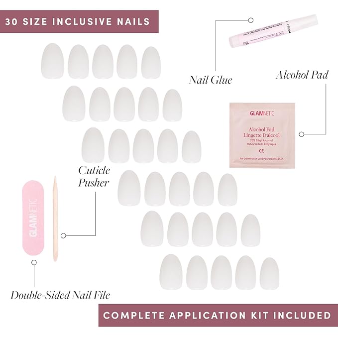Glamnetic Press On Nails - White Swan | Opaque Classic Off White Short Oval Fake Nails, Salon Quality | 15 Sizes - 30 Nail Kit
