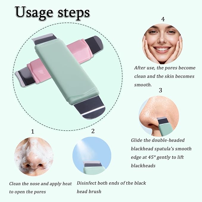 2 PCS Blackhead Remover Tool, Dual-Head Face Spatula & Pore Cleaner for Deep Facial Cleansing, Nose & T-Zone Scraper Skincare Tool for Men and Women (Pink+Green)