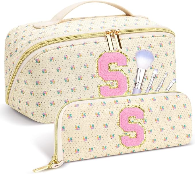 Personalized Travel Makeup Bag Set, Initial Travel Cute Floral Makeup Organizer Bag, Beige Toiletry Skincare Cosmetic Bag, Valentine’s Day Gifts for Women/Girls, Open Flat Toiletry Pouch Brush Bag