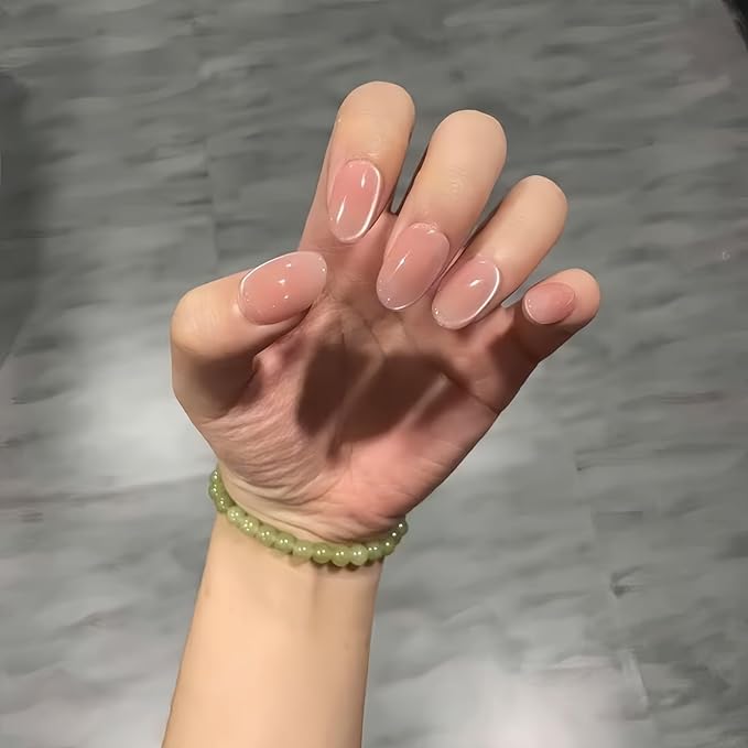 Cat Eye Press on Nails Handmade Short Oval/Square/Round False Nails with French Tip/Aurora/Magnetic Shimmer Designs (Side#Oval Pink Crystal S)