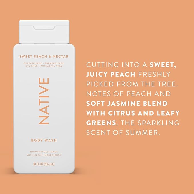Native Body Wash Contains Naturally Derived Ingredients | For Women & Men, Sulfate, Paraben, & Dye Free Leaving Skin Soft and Hydrating | Sweet Peach & Nectar 18 oz