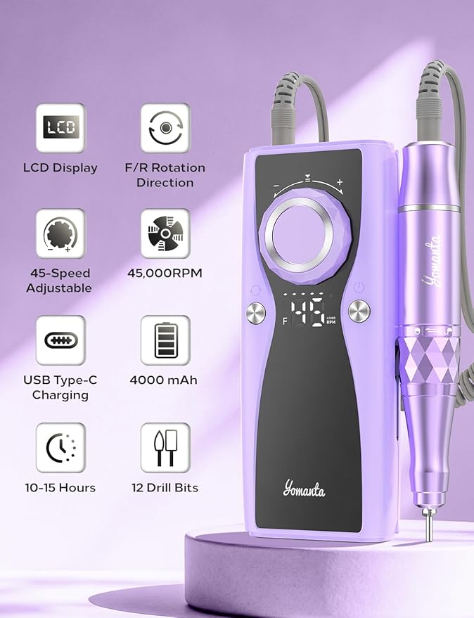 Electric Nail Drill Professional Kit: 45,000 RPM USB Rechargeable Efile Nail Drill Nail File with 12 Bits for Polishing Gel/Acrylic Nails- Portable Manicure Tool Set for Salon/Home-Light Purple