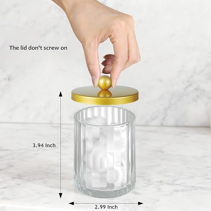 Amolliar Qtip Holder Dispenser for Bathroom, Clear Glass Canister Apothecary Jar for Cotton Swabs, Cotton Balls, Makeup Pads, Floss Picks, Container for Countertop Vanity Storage Organizer,Gold 2 Pack