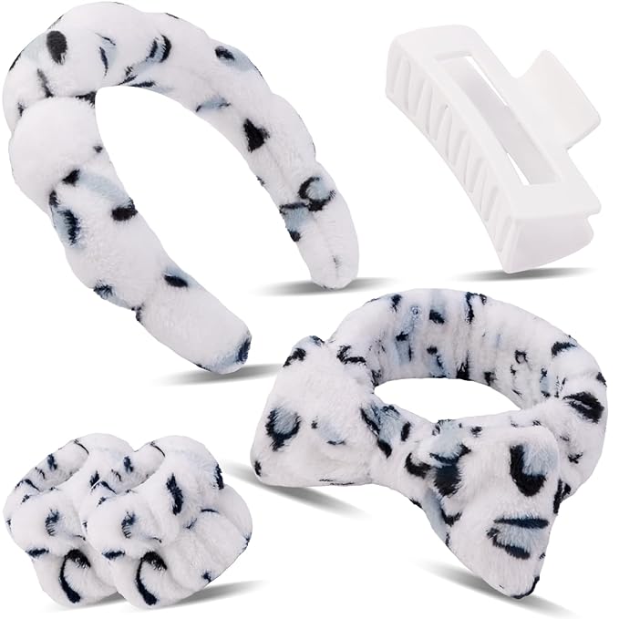 Canitor Spa Headband Wrist Bands with Hair Clips Dalmatian Print Makeup Skincare for Washing Face Skin Care Preppy Teen Girl Gifts Cute Trendy Stuff Hair Accessories for Women