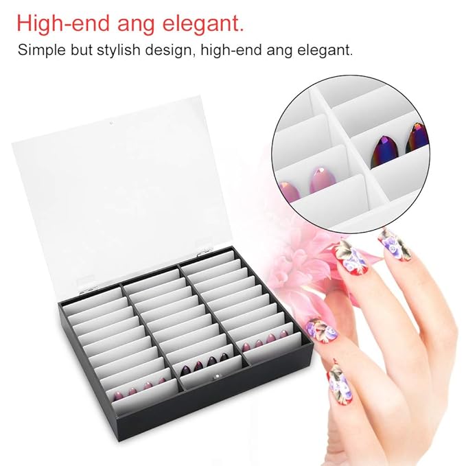 Rosvola Nail Art Display, Nail Storage Organizer Box, Empty Nail Tips Storage Box with cover Fake Nail Display Case for Nail Salon Home Use (Black)