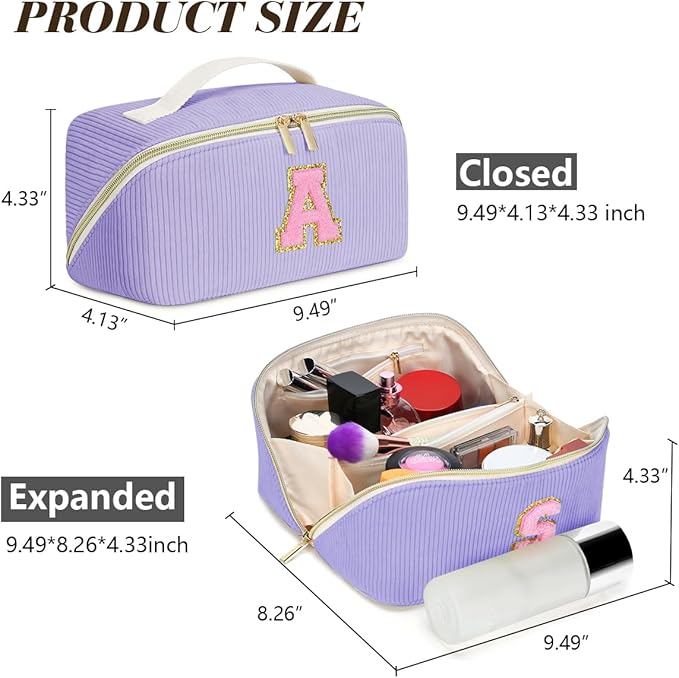 Personalized Initial Makeup Bag, Valentine's Day Gifts for Girls,Preppy Bag Cosmetic Travel Bag Women,Travel Toiletry Organizer,Large Capacity Corduroy Stuff Bag,Cute Cosmetic Pouch Skincare Bag
