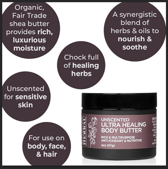 Ora's Amazing Herbal Ultra Healing Body Butter, Intensive Unscented Moisturizer For Dry Skin, Fragrance Free Skin Cream, 1 oz