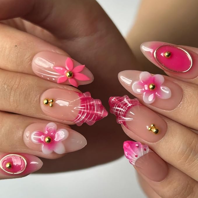 MAGLFELL Press On Nails Medium Almond Shape False Nails, Handmade Acrylic Gel Fake Nails with Art Designs, Reusable 10 Pcs 3D Nails for Women DIY Manicure Kit