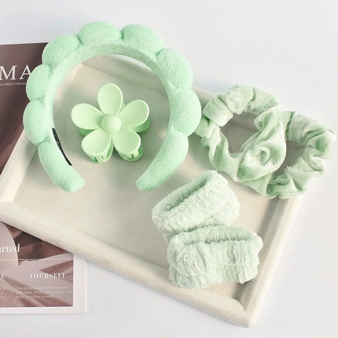 BluOcnMkt 6PCS Spa Headbands for Women Green Skincare Makeup Sponge Headband Set, Large Flower Hair Clip, Elastic Hair