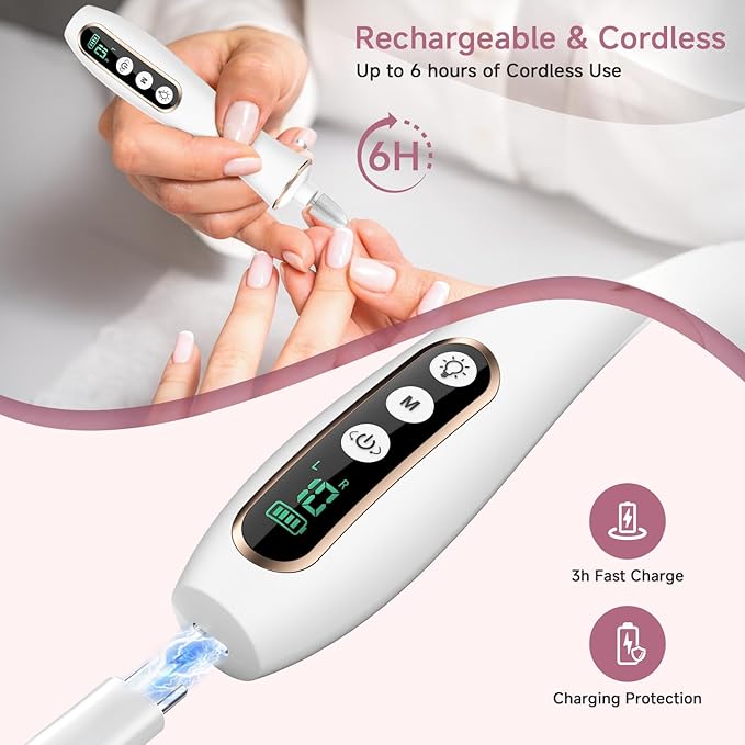 Professional Manicure Pedicure Kit, Cordless Electric Nail File Set, 360° LED Light Nail Drill Machine with LCD Display, 10 Speeds Rechargeable Nail Drill Grinder for Gel Nail Thick Toe Nails