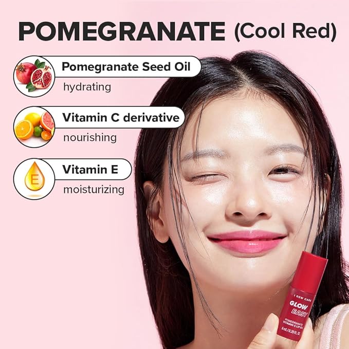 I DEW CARE Lip Gloss - Glow Easy Pomegranate | Jojoba Seed Oil, Vitamin C, Pigmented Glossy Stain, Hydrating, Korean Makeup, Pink Color, Moisturizing, Nourishing Crystal, 0.20 FL Oz