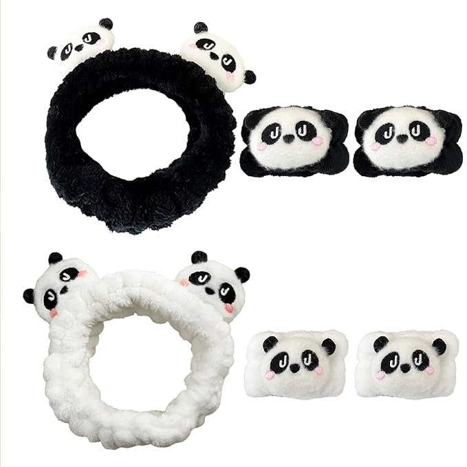 Gniwhd 6PCS Cute Cat Ears Spa Headband for Washing Face Makeup Skincare Headband with Wrist Bands, Sleepover Party Supplies for Women/Teen Girl Trendy Stuff Present (6PCS Panda, standard size)