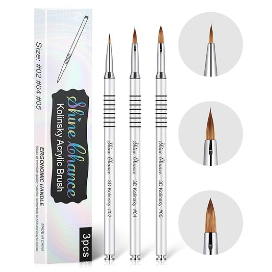 Shine Chance 3Pcs 3D Nail Brushes Set Size 2 4 5, Kolinsky Hair Acrylic Flower Nail Art Brush, Art Design & Polish Mistake Cleaning Manicure Tools for Women Acrylic Application, Silver